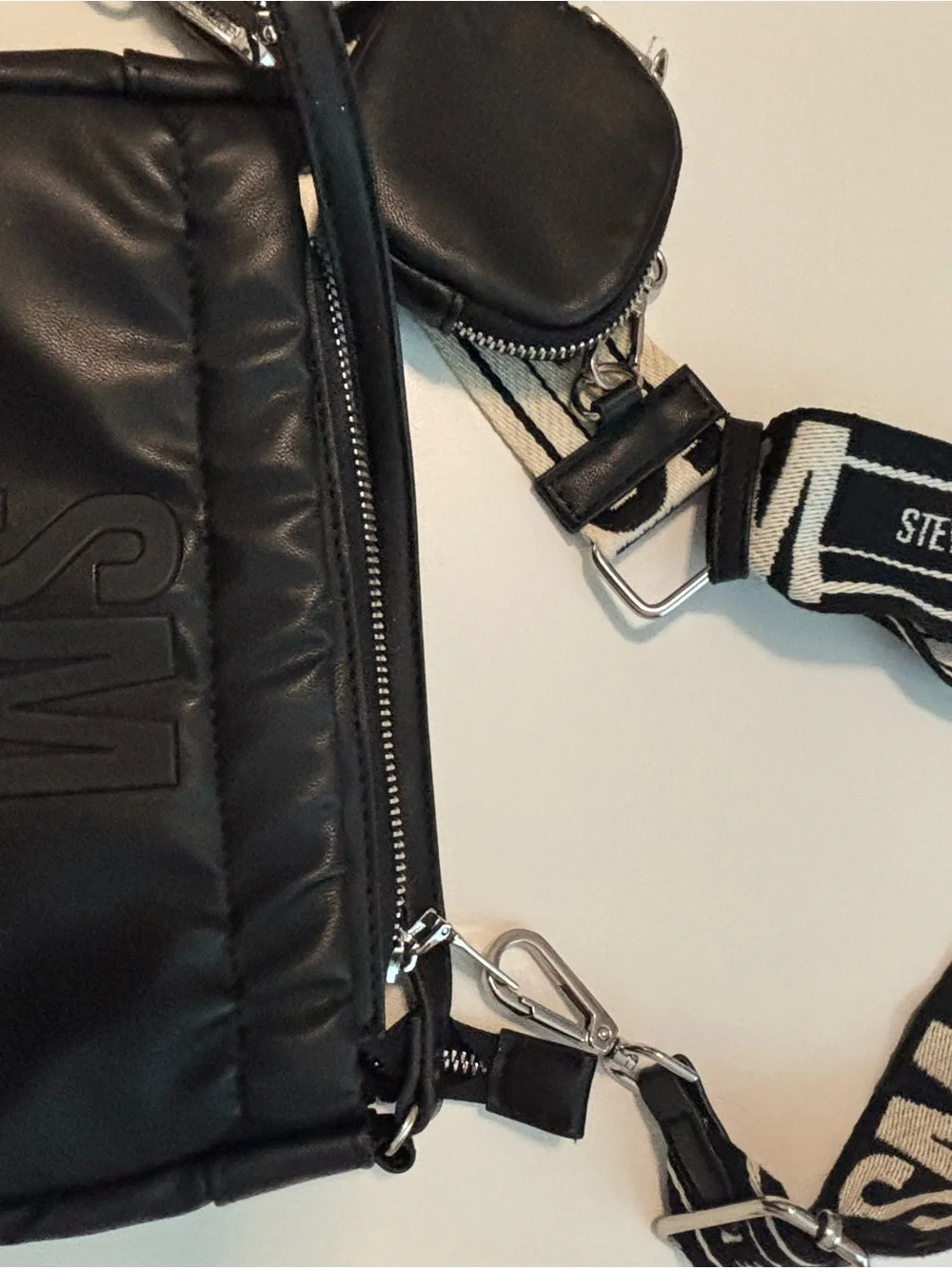 Steve Madden Black Quilted Crossbody with Striped Logo Strap